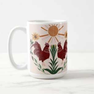 Folk Art Rooster Sunshine Symmetrical Design Coffee Mug