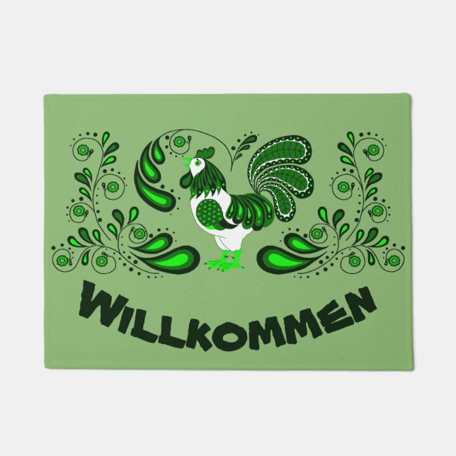 Folk art rooster Welcome/Willkommen Doormat (Front)