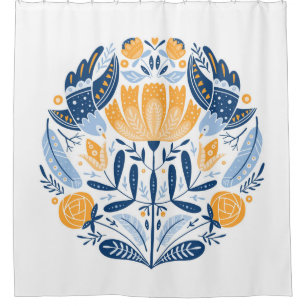 Folk art round ornament with birds,roses,and flowe