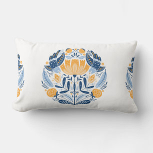 Folk art round ornament with birds,roses,and flowe lumbar pillow