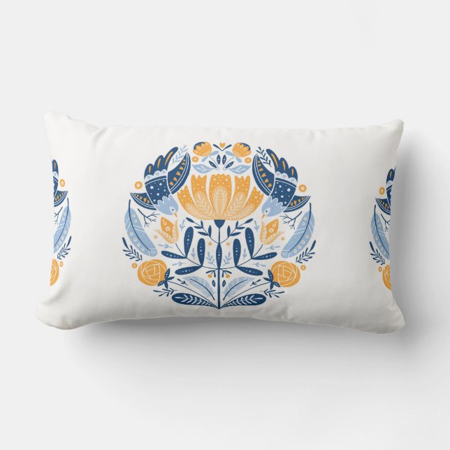 Folk art round ornament with birds,roses,and flowe lumbar pillow (Front)