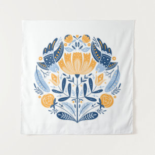 Folk art round ornament with birds,roses,and flowe tapestry