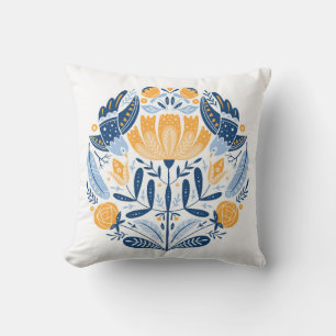 Folk art round ornament with birds,roses,and flowe throw pillow