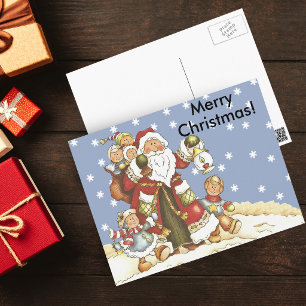 Folk Art Santa Kids Christmas Snowflakes Holiday Postcard