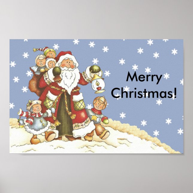 Folk Art Santa Kids Christmas Snowflakes Poster (Front)