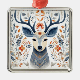 Folk Art Scandiniavian Reindeer Christmas Metal Ornament