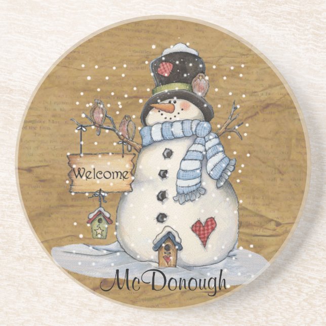 Folk Art Snowman on Old Newspaper Coaster (Front)