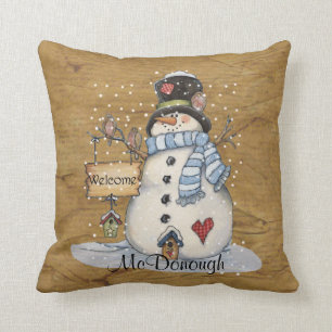 Folk Art Snowman on Old Newspaper Throw Pillow