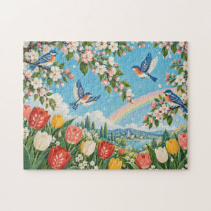 Folk Art Spring Tulips Birds Landscape Jigsaw Puzzle