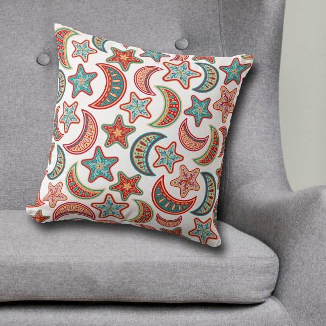 Folk Art Stars and Moon Pattern Throw Pillow (Creator Uploaded)