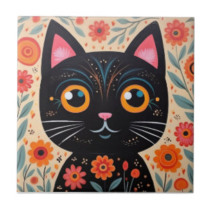 Folk Art Style Black Cat Tile