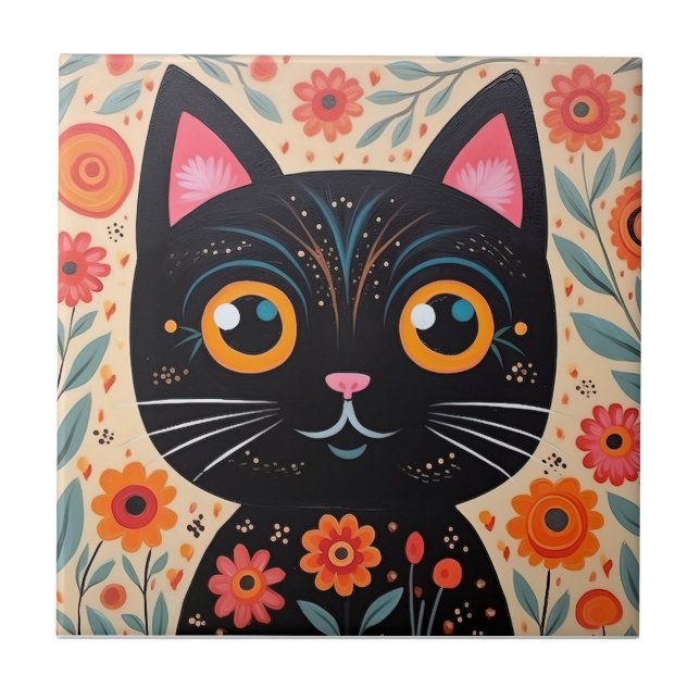 Folk Art Style Black Cat Tile (Front)