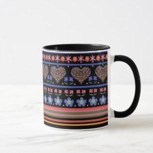 Folk Art Style Border on Black Ringer Coffee Mug