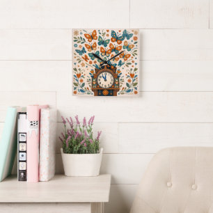 Folk Art Style Butterfly Wall Clock