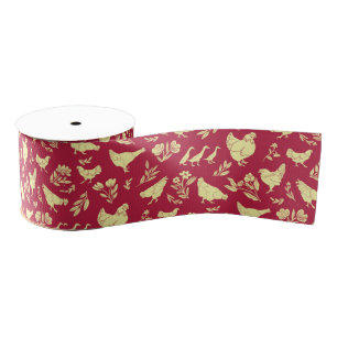 Folk Art Style Chickens, Ducks & Flowers Grosgrain Ribbon