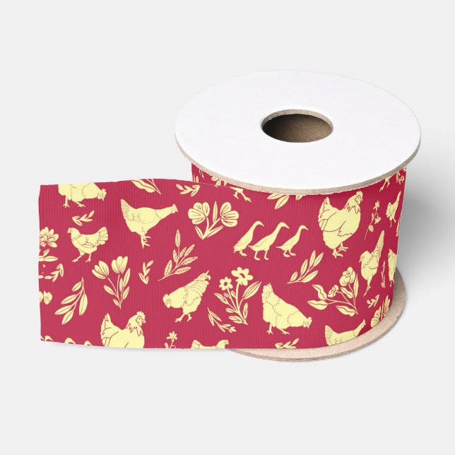 Folk Art Style Chickens, Ducks & Flowers Grosgrain Ribbon (Spool)