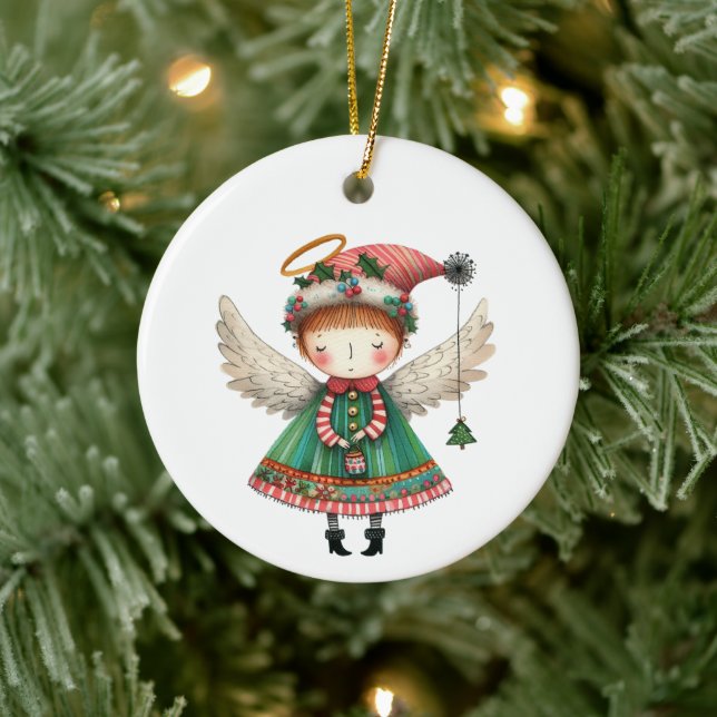 Folk Art Style Cute Angel Ceramic Ornament (Tree)