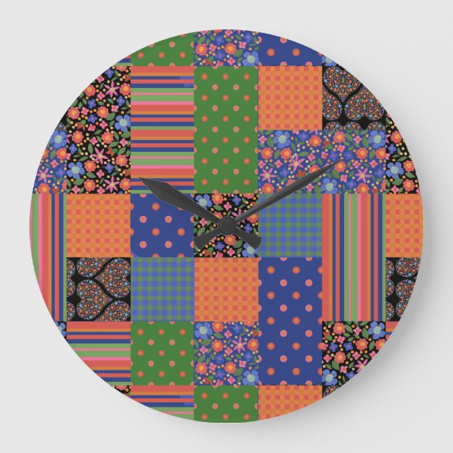 Folk Art Style Faux Patchwork Acrylic Wall Clock (Front)