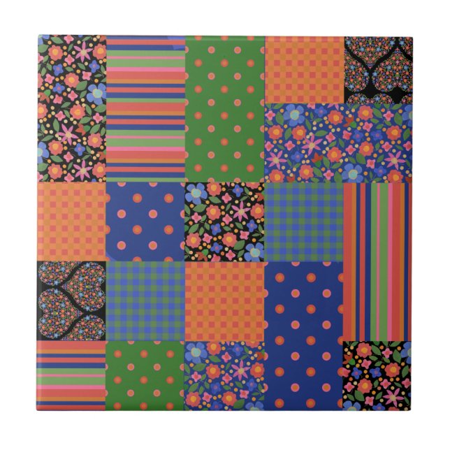 Folk Art Style Faux Patchwork Ceramic Tile (Front)