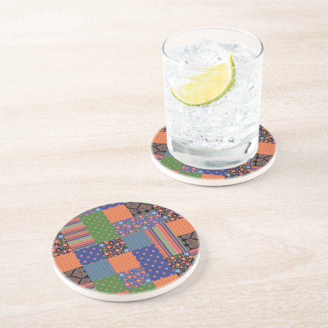 Folk Art Style Faux Patchwork Sandstone Coaster (Side)