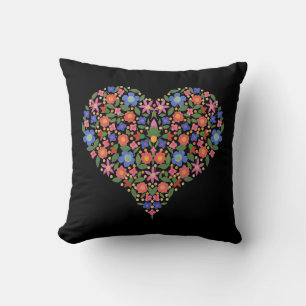 Folk Art Style Floral Heart on Black Pillow
