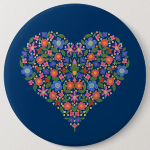 Folk Art Style Floral Heart on Blue Round Button