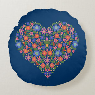 Folk Art Style Floral Heart on Blue Throw Pillow