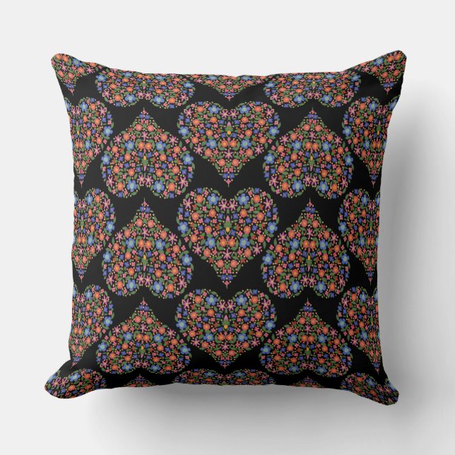Folk Art Style Floral Hearts on Black Pillow (Front)