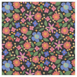 Folk Art Style Floral on Black Custom Fabric
