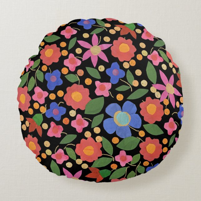 Folk Art Style Floral on Black Round Throw Pillow (Front)