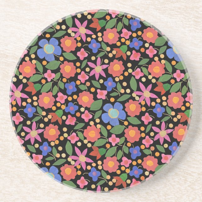 Folk Art Style Floral on Black Sandstone Coaster (Front)