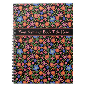 Folk Art Style Floral on Black Spiral Notebook