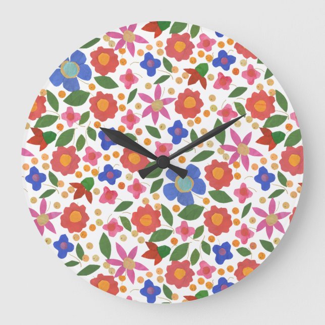 Folk Art Style Floral on White Acrylic Wall Clock (Front)
