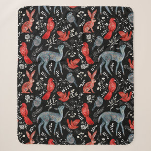 Folk-art style floral pattern designs sherpa blanket