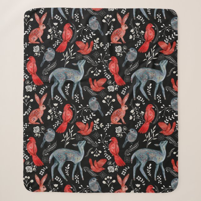 Folk-art style floral  pattern designs sherpa blanket (Front)