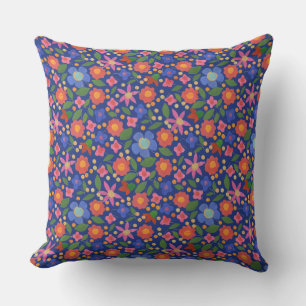 Folk Art Style Floral Pattern on Royal Blue Throw Pillow