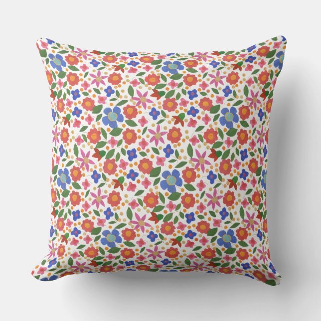 Folk Art Style Floral Pattern on White Pillow (Front)
