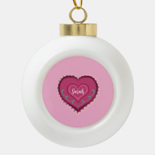 Folk Art style pink heart decorated Ornament