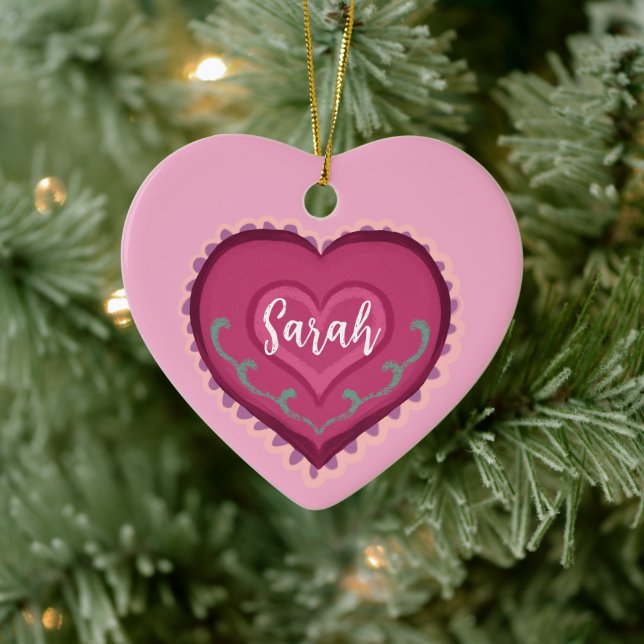 Folk Art style pink heart decorated Ornament (Tree)