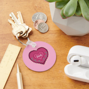 Folk Art style pink heart decorated Ornament Keychain