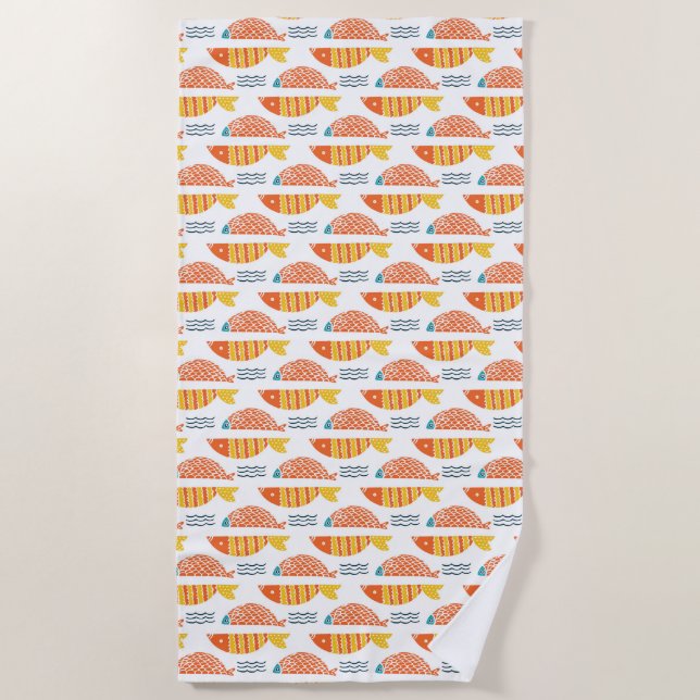 Folk Art Swimming Fish Pattern Beach Towel (Front)