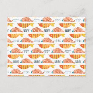 Folk Art Swimming Fish Pattern Holiday Postcard