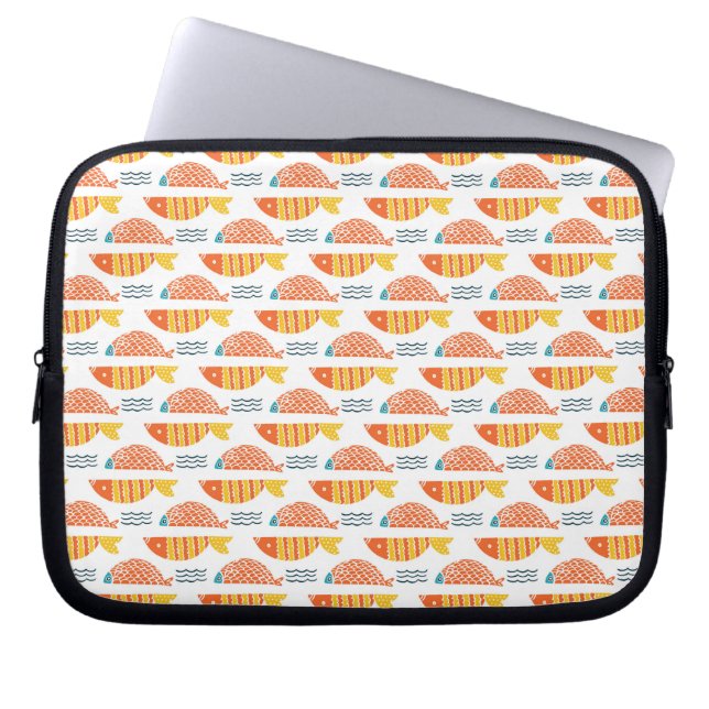 Folk Art Swimming Fish Pattern Laptop Sleeve (Front)