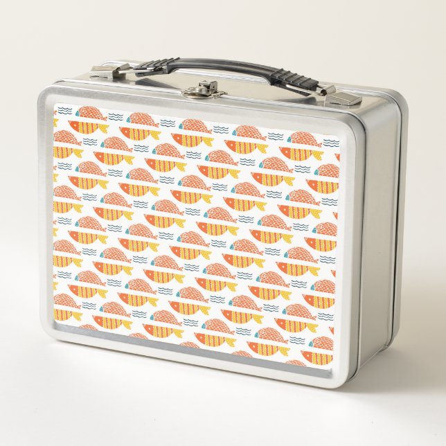 Folk Art Swimming Fish Pattern Metal Lunch Box (Front)