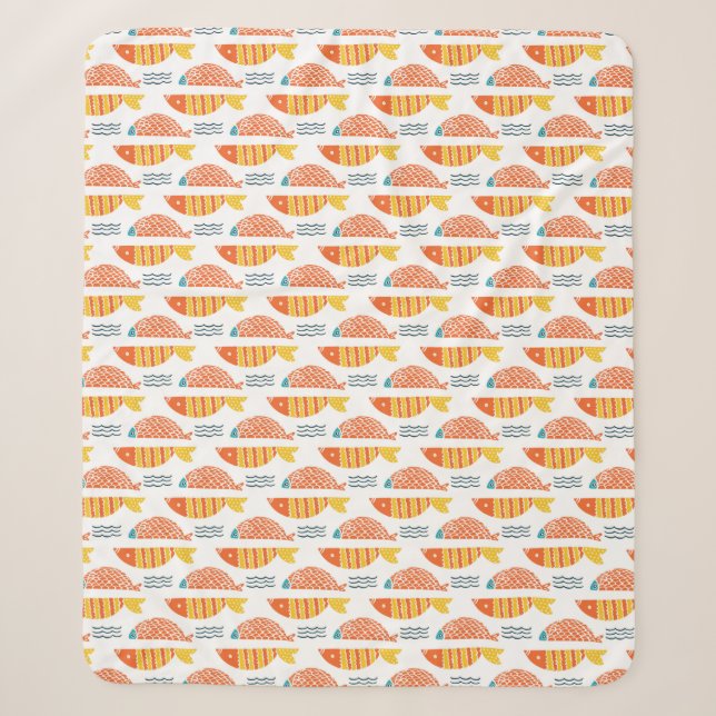 Folk Art Swimming Fish Pattern Sherpa Blanket (Front)