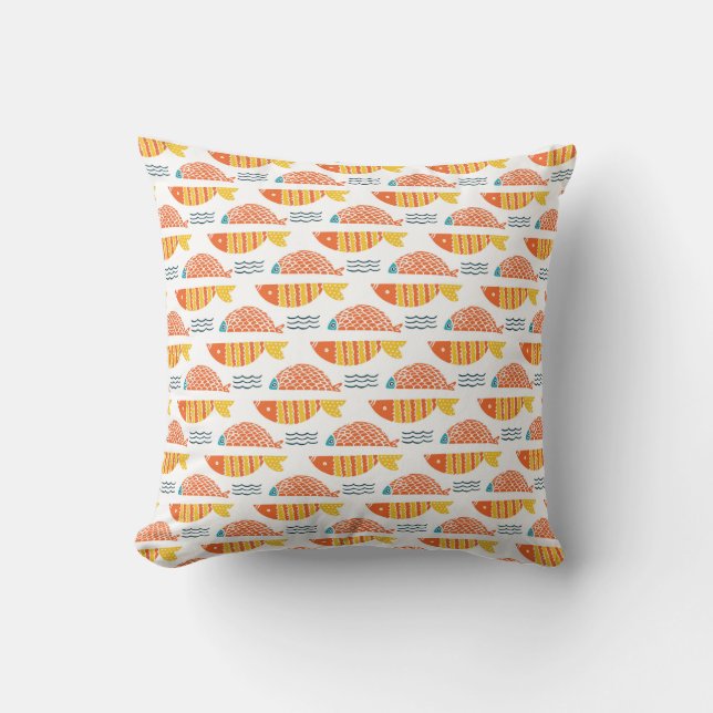 Folk Art Swimming Fish Pattern Throw Pillow (Front)