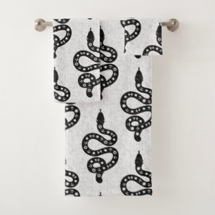 Folk Art Textured Grungy Witchy Snake black white Bath Towel Set
