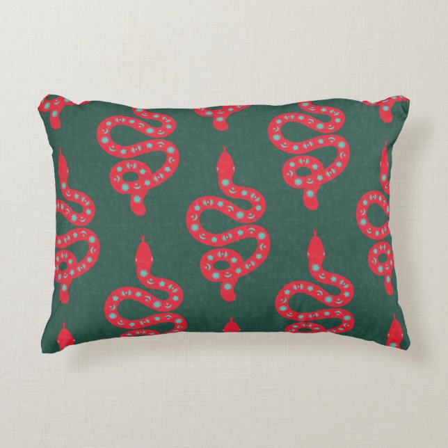 Folk Art Textured Grungy Witchy Snake red green Accent Pillow (Front)