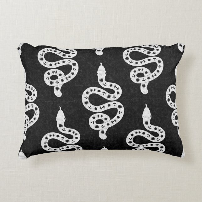 Folk Art Textured Grungy Witchy Snake white black Accent Pillow (Front)