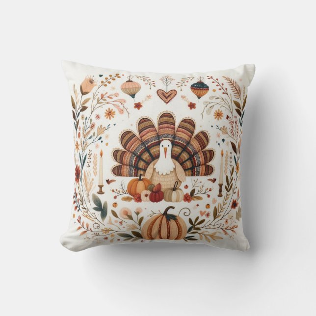 Folk Art Thanksgiving  Throw Pillow (Front)